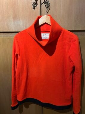 Dudley Stephens Bright Red Funnel Cowl-Neck Sweater with navy Trim